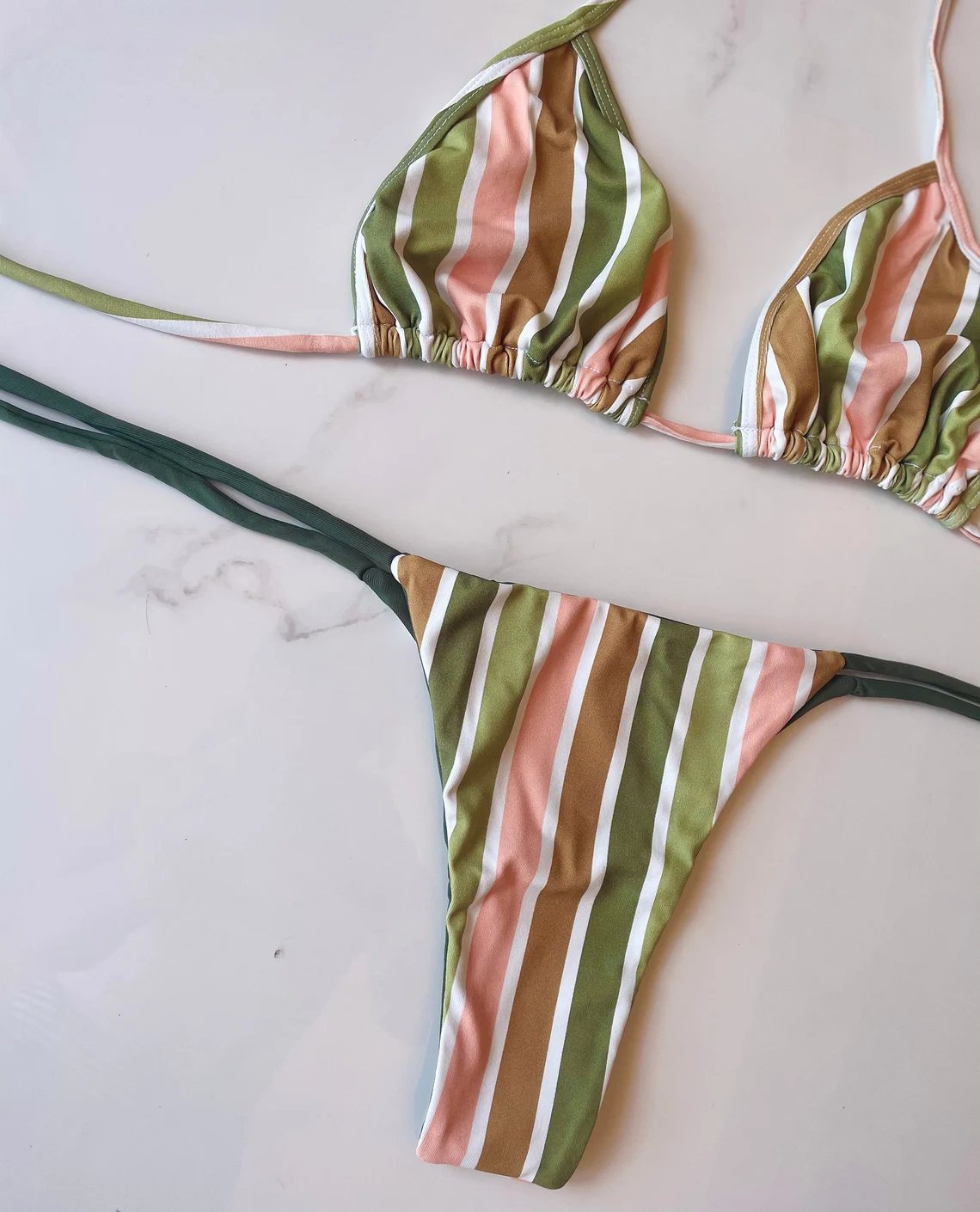 Nature in Pink Brazilian Bikini / Green & Pink Stripes