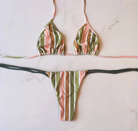 Nature in Pink Brazilian Bikini / Green & Pink Stripes